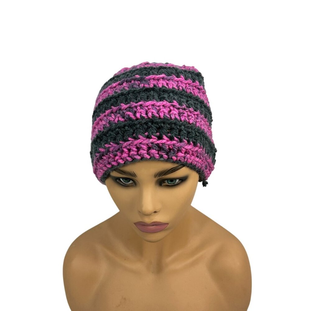 Handmade Striped Crochet Beanie Womans Warm Winter Hat Pink & Gray Stretch Knit